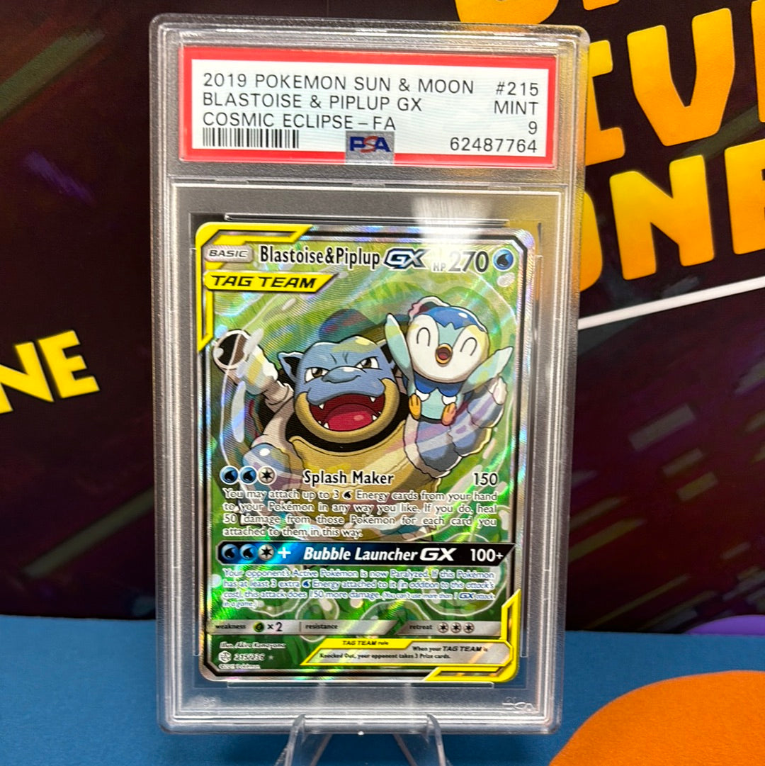 Blastoise & Piplup GX - Cosmic Eclipse 215/236 - PSA 9