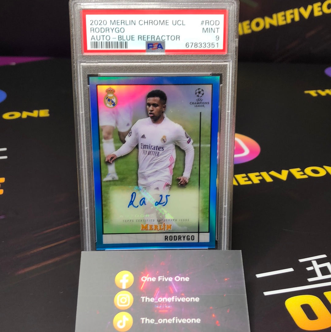 Rodrygo - 2020 Topps Merlin Chrome UCL Autographs Blue Refractor PSA 9